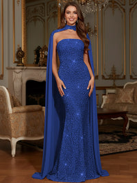 Elegant Mermaid Glitter Sequin Strapless Floor Length Evening Dresses with Cape