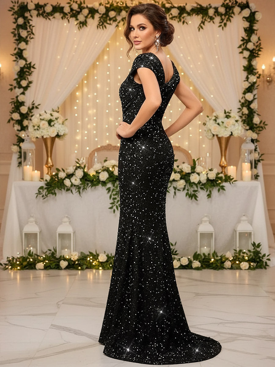 Elegant Mermaid Glitter Asymmetrical Floor Length Evening Dresses with Sequin
