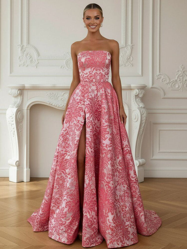 A-Line/Princess Strapless Print Flower Floor Length Prom Dresses with Side Slit