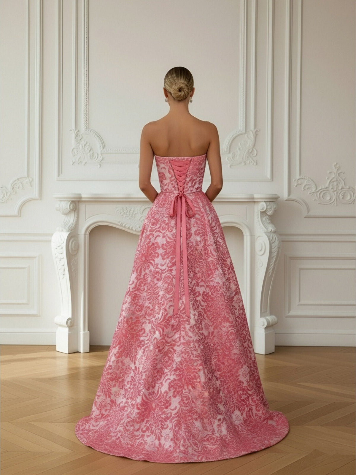 A-Line/Princess Strapless Print Flower Floor Length Prom Dresses with Side Slit