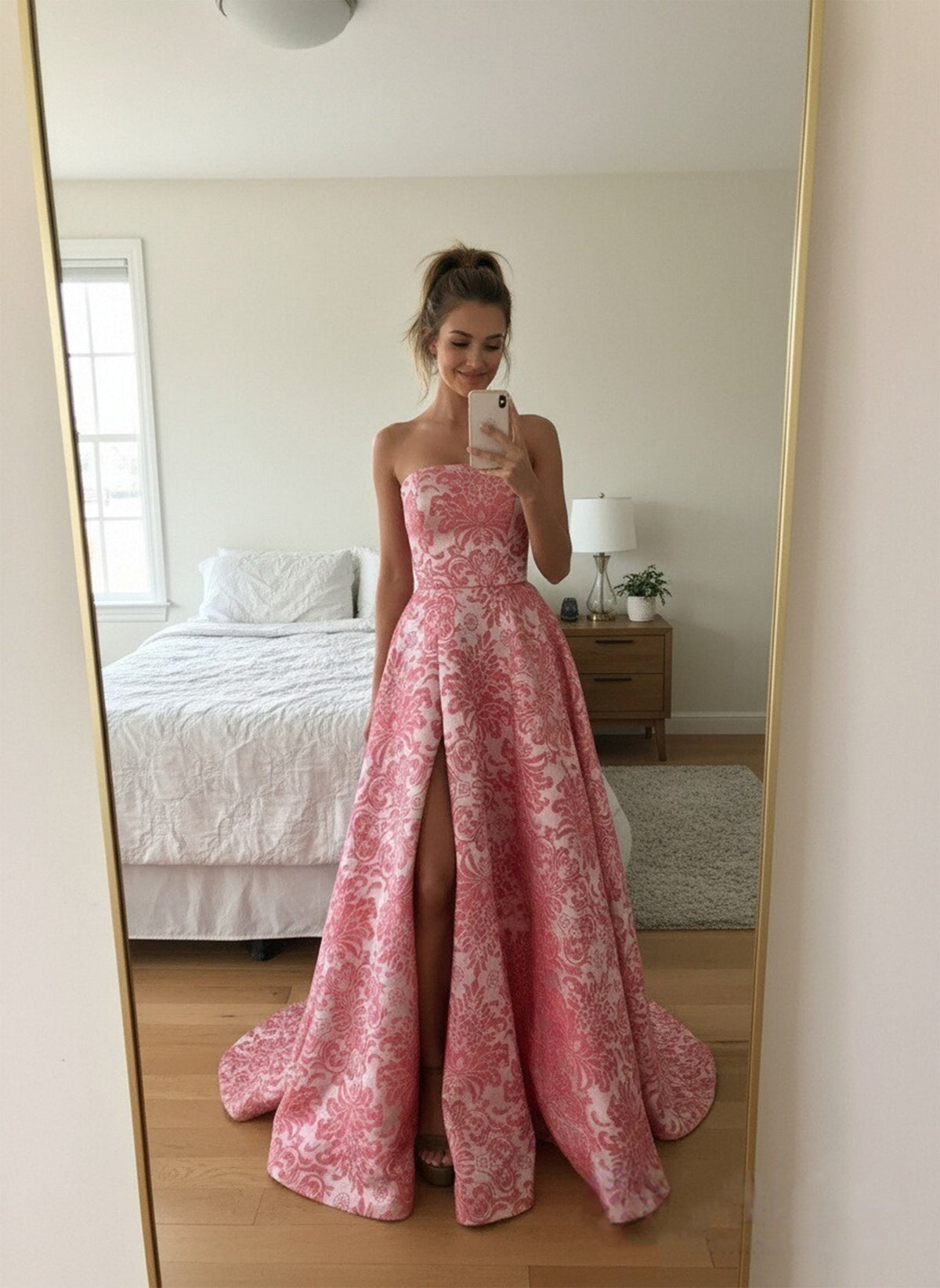 A-Line/Princess Strapless Print Flower Floor Length Prom Dresses with Side Slit