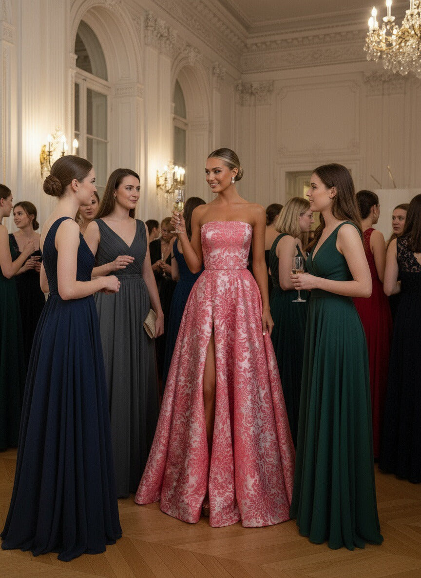 A-Line/Princess Strapless Print Flower Floor Length Prom Dresses with Side Slit