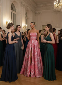 A-Line/Princess Strapless Print Flower Floor Length Prom Dresses with Side Slit