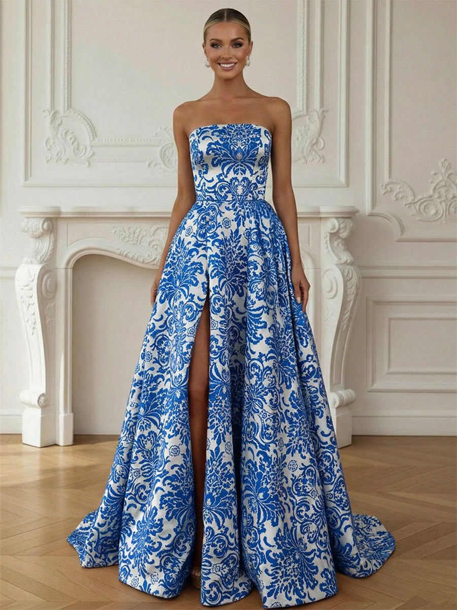 A-Line/Princess Strapless Print Flower Floor Length Prom Dresses with Side Slit