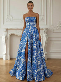 A-Line/Princess Strapless Print Flower Floor Length Prom Dresses with Side Slit