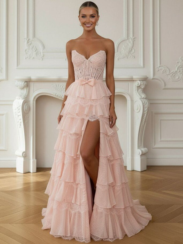 A-Line/Princess Ruffle Tiered Sweetheart Neck Floor Length Prom Dresses with Bow