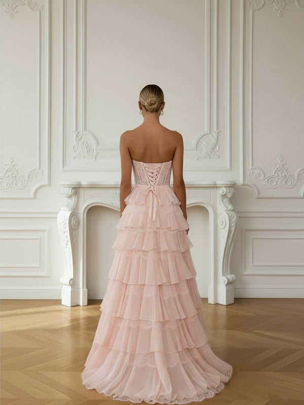 A-Line/Princess Ruffle Tiered Sweetheart Neck Floor Length Prom Dresses with Bow