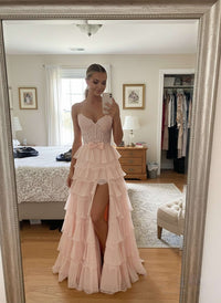 A-Line/Princess Ruffle Tiered Sweetheart Neck Floor Length Prom Dresses with Bow