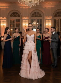 A-Line/Princess Ruffle Tiered Sweetheart Neck Floor Length Prom Dresses with Bow