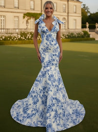 Mermaid/Trumpet Strapless Print Flower Floor Length Prom Dresses with Bows