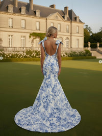 Mermaid/Trumpet Strapless Print Flower Floor Length Prom Dresses with Bows