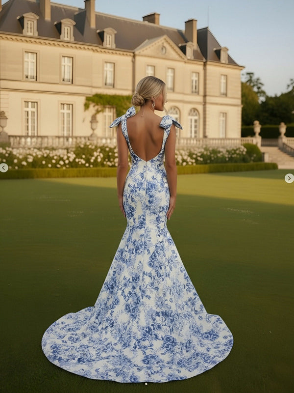 Mermaid/Trumpet Strapless Print Flower Floor Length Prom Dresses with Bows