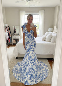 Mermaid/Trumpet Strapless Print Flower Floor Length Prom Dresses with Bows