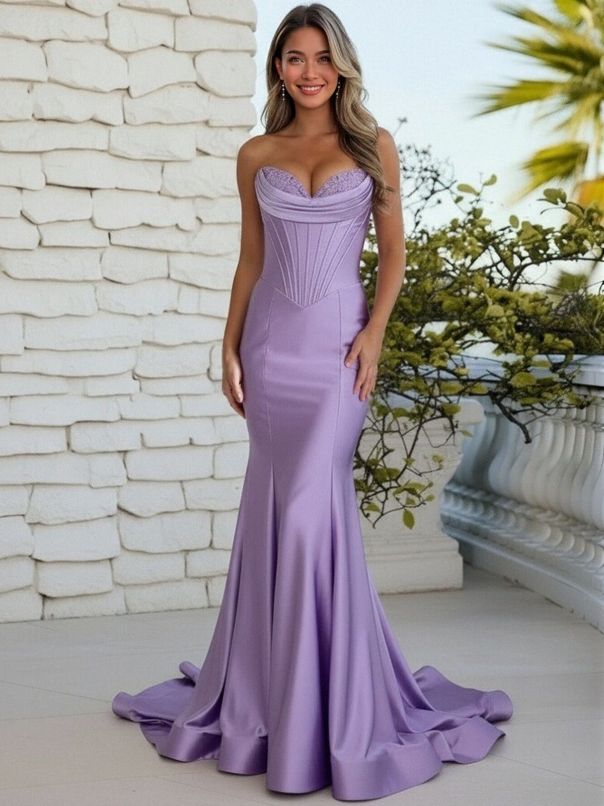 Mermaid Strapless Sweetheart Neck Floor Length Prom Dresses with Lace Appliques