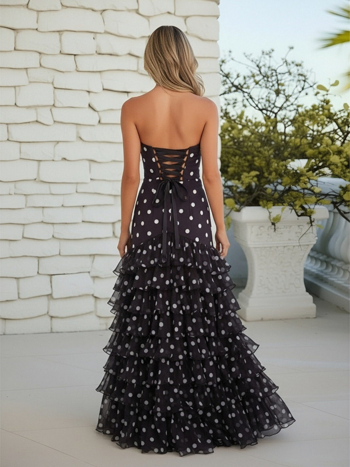 Mermaid/Trumpet Strapless Tiered Ruffles Floor Length Prom Dresses Polka Dot Dress