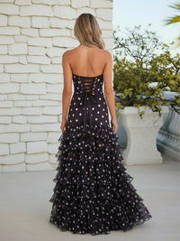 Mermaid/Trumpet Strapless Tiered Ruffles Floor Length Prom Dresses Polka Dot Dress