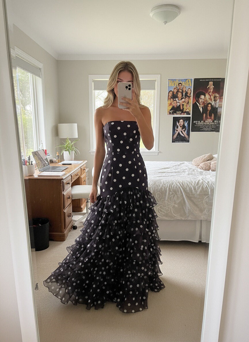 Mermaid/Trumpet Strapless Tiered Ruffles Floor Length Prom Dresses Polka Dot Dress