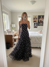Mermaid/Trumpet Strapless Tiered Ruffles Floor Length Prom Dresses Polka Dot Dress