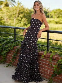 Mermaid/Trumpet Strapless Tiered Ruffles Floor Length Prom Dresses Polka Dot Dress