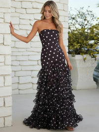 Mermaid/Trumpet Strapless Tiered Ruffles Floor Length Prom Dresses Polka Dot Dress