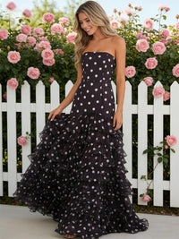 Mermaid/Trumpet Strapless Tiered Ruffles Floor Length Prom Dresses Polka Dot Dress