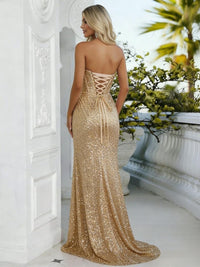 Sheath/Column Sweetheart Neck Strapless Split Floor Length Prom Dresses with Sparkly Sequin