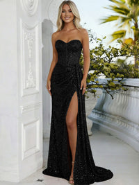 Sheath/Column Sweetheart Neck Strapless Split Floor Length Prom Dresses with Sparkly Sequin
