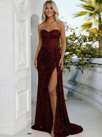 Sheath/Column Sweetheart Neck Strapless Split Floor Length Prom Dresses with Sparkly Sequin