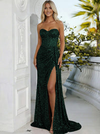 Sheath/Column Sweetheart Neck Strapless Split Floor Length Prom Dresses with Sparkly Sequin