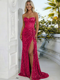 Sheath/Column Sweetheart Neck Strapless Split Floor Length Prom Dresses with Sparkly Sequin
