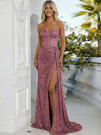 Sheath/Column Sweetheart Neck Strapless Split Floor Length Prom Dresses with Sparkly Sequin