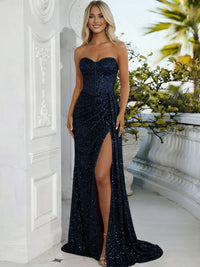 Sheath/Column Sweetheart Neck Strapless Split Floor Length Prom Dresses with Sparkly Sequin