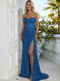 Sheath/Column Sweetheart Neck Strapless Split Floor Length Prom Dresses with Sparkly Sequin