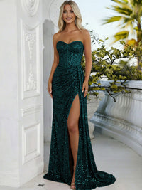 Sheath/Column Sweetheart Neck Strapless Split Floor Length Prom Dresses with Sparkly Sequin