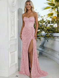 Sheath/Column Sweetheart Neck Strapless Split Floor Length Prom Dresses with Sparkly Sequin