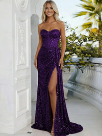 Sheath/Column Sweetheart Neck Strapless Split Floor Length Prom Dresses with Sparkly Sequin