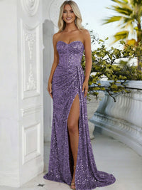 Sheath/Column Sweetheart Neck Strapless Split Floor Length Prom Dresses with Sparkly Sequin