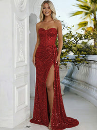 Sheath/Column Sweetheart Neck Strapless Split Floor Length Prom Dresses with Sparkly Sequin