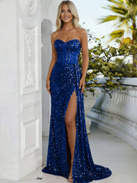 Sheath/Column Sweetheart Neck Strapless Split Floor Length Prom Dresses with Sparkly Sequin