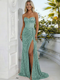 Sheath/Column Sweetheart Neck Strapless Split Floor Length Prom Dresses with Sparkly Sequin