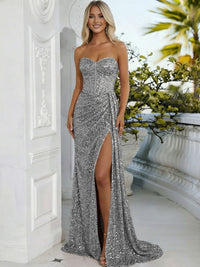 Sheath/Column Sweetheart Neck Strapless Split Floor Length Prom Dresses with Sparkly Sequin