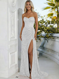 Sheath/Column Sweetheart Neck Strapless Split Floor Length Prom Dresses with Sparkly Sequin