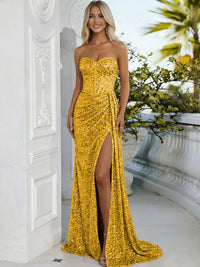Sheath/Column Sweetheart Neck Strapless Split Floor Length Prom Dresses with Sparkly Sequin