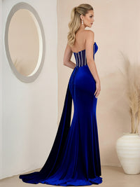 Sheath/Column Strapless Glitter Cowl Neck Floor Length Prom Dresses with Trail