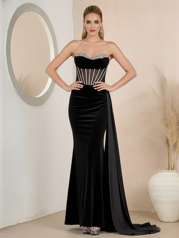 Sheath/Column Strapless Glitter Cowl Neck Floor Length Prom Dresses with Trail