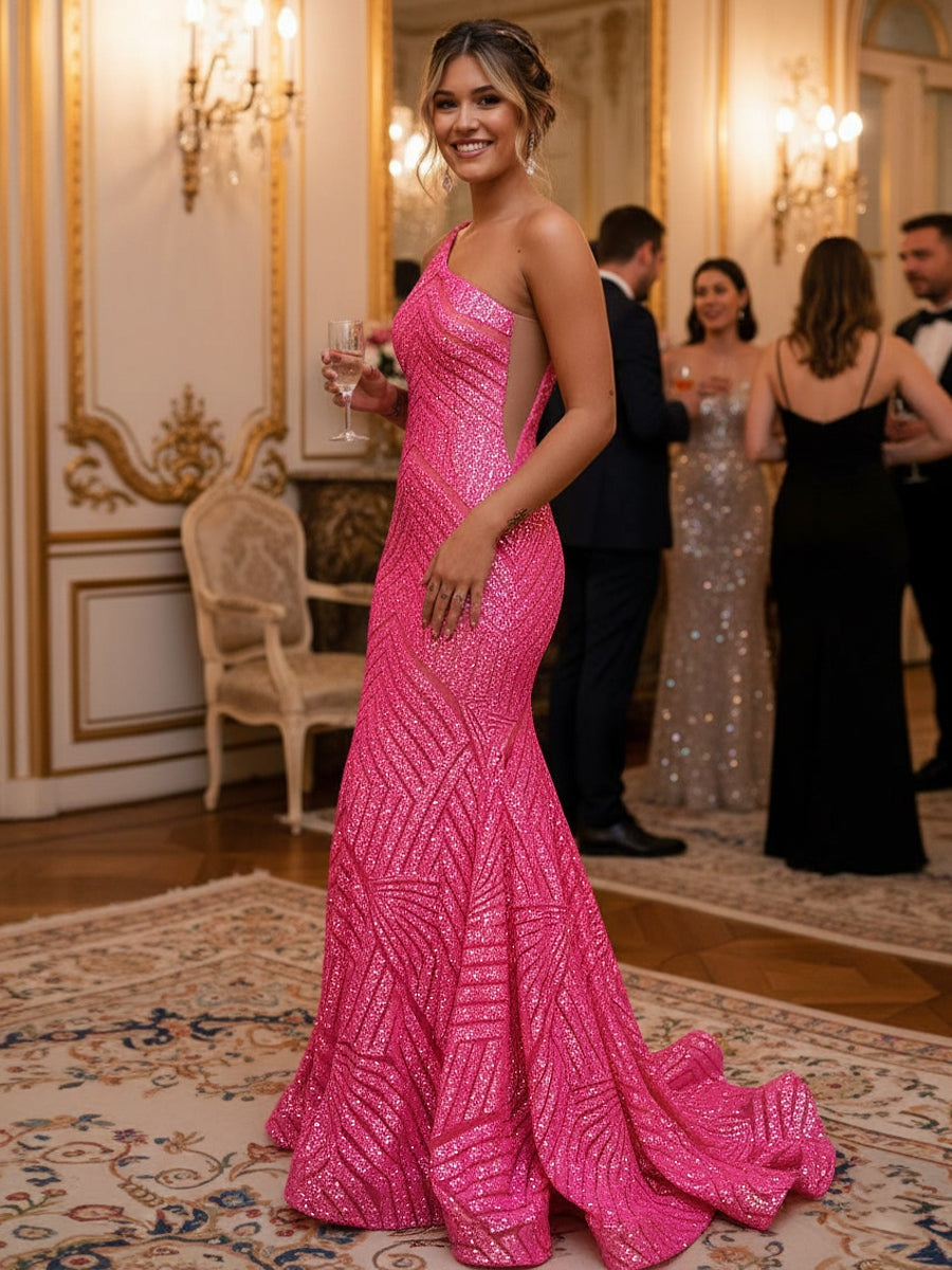 Mermaid/Trumpet Bodycon One Shoulder Floor-Length Formal Prom Dresses with Sequin