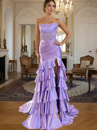 A-Line/Princess Sleeveless Tiered Ruffle Floor-Length Formal Prom Dresses with Sequin