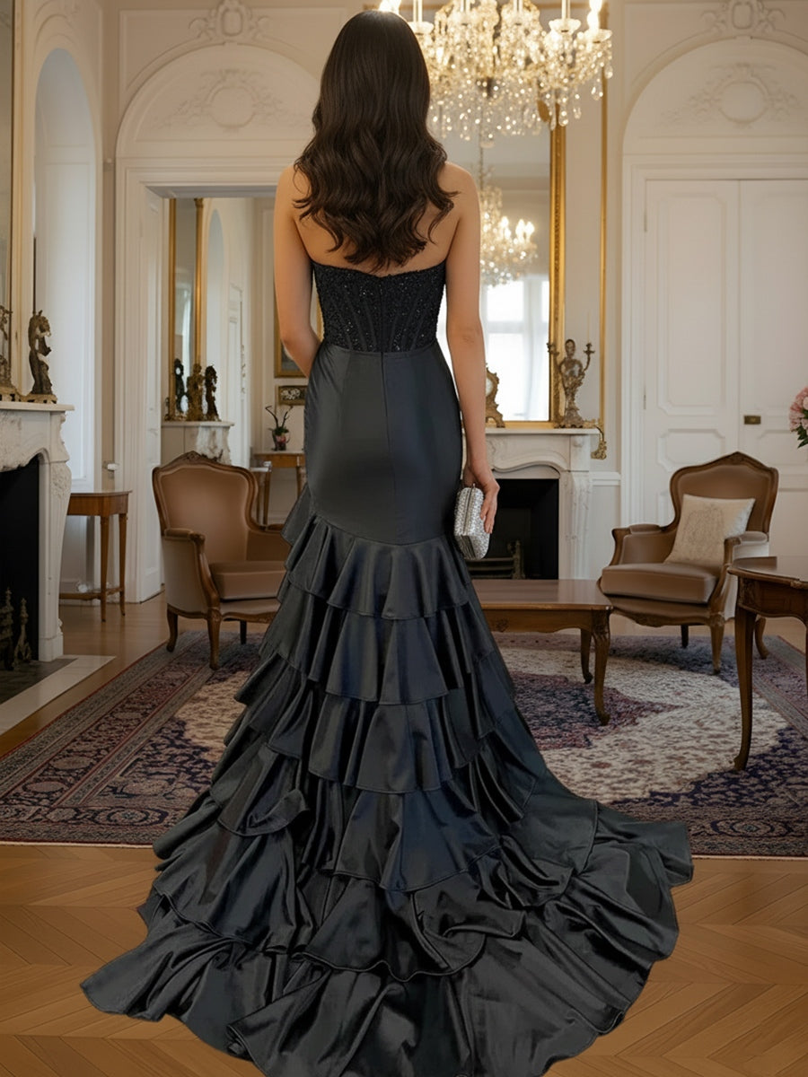 A-Line/Princess Sleeveless Tiered Ruffle Floor-Length Formal Prom Dresses with Sequin