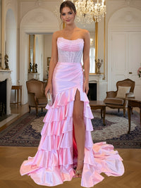 A-Line/Princess Sleeveless Tiered Ruffle Floor-Length Formal Prom Dresses with Sequin
