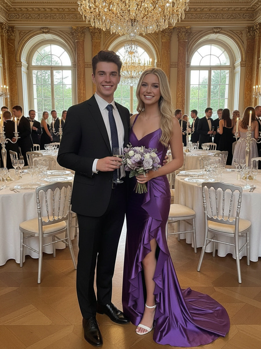 Mermaid/Trumpet Bodycon Spaghetti Strap Floor-Length Prom Dresses with Ruffle Hem Slit